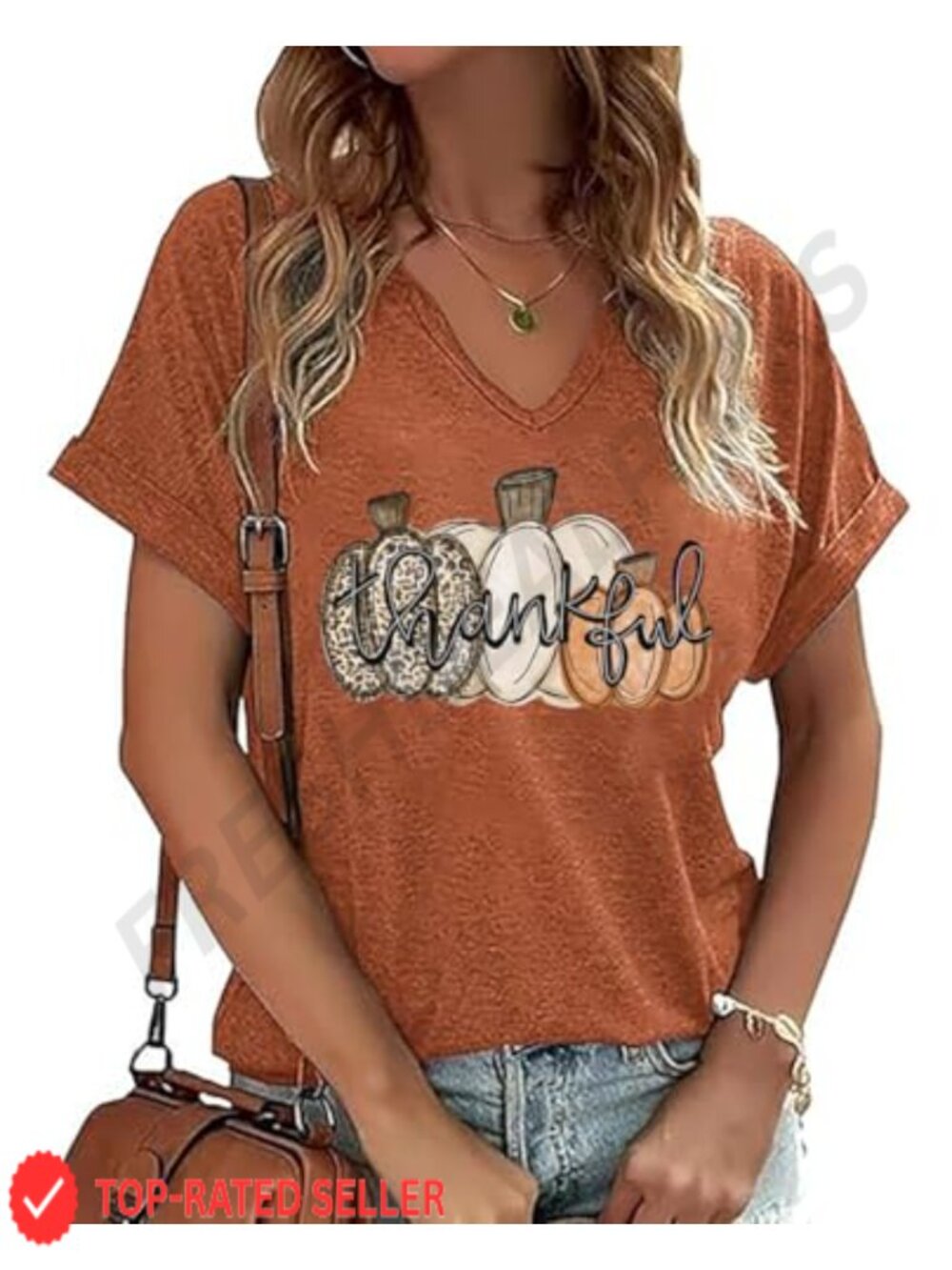 Women's V-Neck Pumpkin Graphic Tee Short Sleeve Fall Halloween T-Shirt